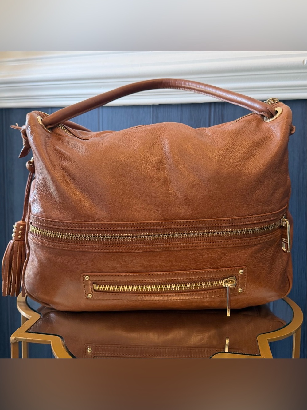 Badgley Mischka Brown Leather Hobo Shoulder Bag Gold Hardware Tassel Large